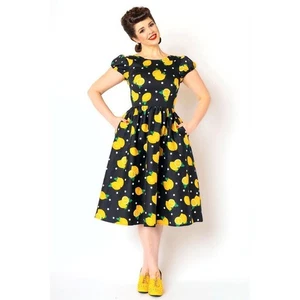 Collectif Dress UK 10 S Demira Polka Dot Swing Lemons Black w/ Pockets - Picture 1 of 18