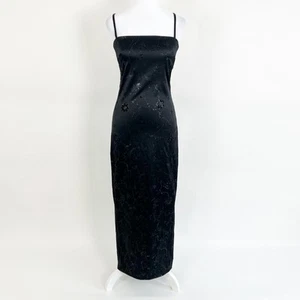 Vintage 90s Byer Too! Square Neck Embroidered Satin Dress Black Size 7 - Picture 1 of 4