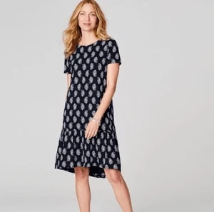 J Jill Batik Paisley Navy Dress Flounce Hem sz S Short Slv Pockets Cotton-blend - Picture 1 of 10
