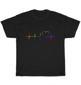 LGBT Heartbeat Heart EKG Pulse Gay Lesbian Pride Rainbow T-Shirt Unisex Tee Gift - Picture 1 of 4