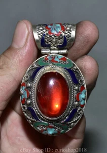 2.6 "China Silver Inlay Red Gem Painting Dynasty Flower Pattern Amulet Pendant - Picture 1 of 6