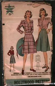 1117 Vintage Sewing Hollywood Pattern Misses 1940s Button Up Dress Blouse Skirt - Picture 1 of 2