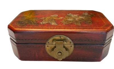 Antique Chinese Scholar Box Leather Bound Hand Painted Original Brass Hardware - Image 1 of 4