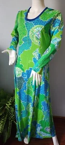The Clique 1970s Blue Green Tones Abstract Print Long Sleeve Boho Maxi Dress 14 - Picture 1 of 12