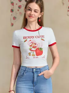 Women's Strawberry Shortcake Kawaii White Red Cute Crop Slim Fit T-Shirt Tee Top - Picture 1 of 8