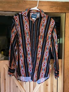VTG Wrangler Aztec Tribal Navajo Shirt Black Orange Sz Medium Black Pearl Snaps - Bild 1 von 8