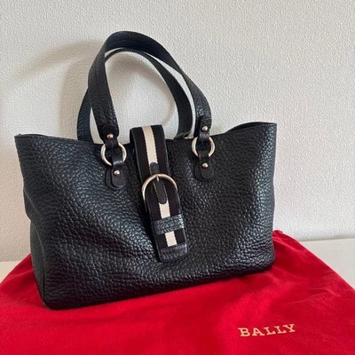 BALLY Leather Black Tote Bag with Stripe Decor, 34x12x23cm Used Japan - Image 1 of 4