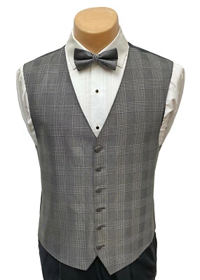 Men's Chaps Black and Silver Tuxedo Vest & Bow Tie Wedding Groom Prom Mason - Image 1 of 3