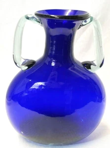 VNTG MCM Kobaltblau Klar Appliziert Doppelhenkel Mundgeblasene Italienische Glas Vase GROß - Bild 1 von 7