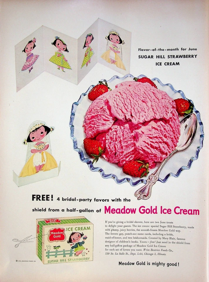 Anuncio impreso vintage Meadow Gold Ice Cream 1954 Sugar Hill fiesta nupcial fresa Foto 1 de 1