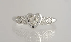 Vintage Estate 14k White Gold Diamond Heart Filigree Gallery Engagement Ring - Picture 1 of 5