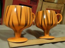 Orange Black Tiger Striped Japan Ceramic [LOT of 2] Retro Mod Pedestal MUGs CUPs