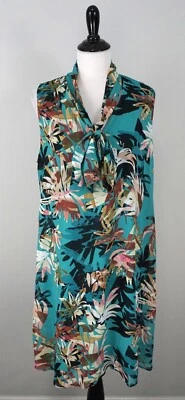 New Kasper Turquoise Pink White Floral Scarf Sleeveless Shift Dress Size 16 - Image 1 of 4
