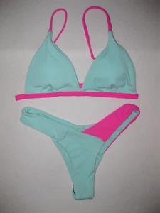 Shein 2pc bikini swimsuit S aqua w/hot pink ribbed hi-cut cheeky nip 80s retro - Picture 1 of 4