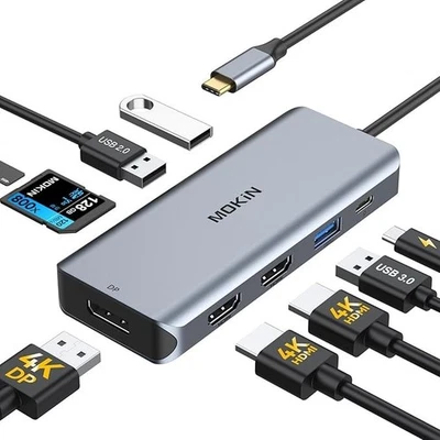 Laptop Docking Station Type-C Dual 9 In 1 HDMI Hub Adapter USB-C Triple Display - Image 1 of 4