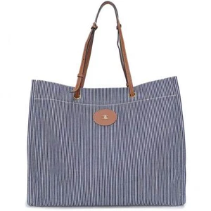 CELINE Square Cabas Celine Tote Striped Canvas & Calfskin, Navy & Tan 192802CHD - Picture 1 of 11