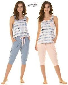 NUOVO set donna cotone ricco righe minerali top senza maniche Capri di La Marquise - Foto 1 di 1