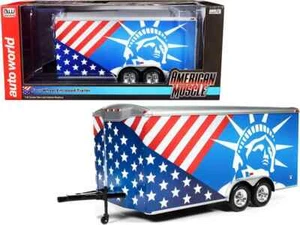 AUTOWORLD AMM1284 FOUR WHEEL ENCLOSED TRAILER 1/18 PATRIOTIC USA FLAG GRAPHIC - Picture 1 of 1