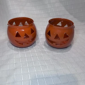 Metal 1.5” Jack O Lantern Pumpkin Candle Tea Light Holder Set 2 - Picture 1 of 5