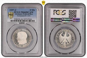 Coin Frg 5 German Mark 1957 J Eichendorff PCGS PR66DCAM Dream Piece nswleipzig - Picture 1 of 4