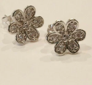 Sterling Silver 1/2" D Flower Petal Earrings Studded w/Pave CZs/Butterfly Clasp - Picture 1 of 3