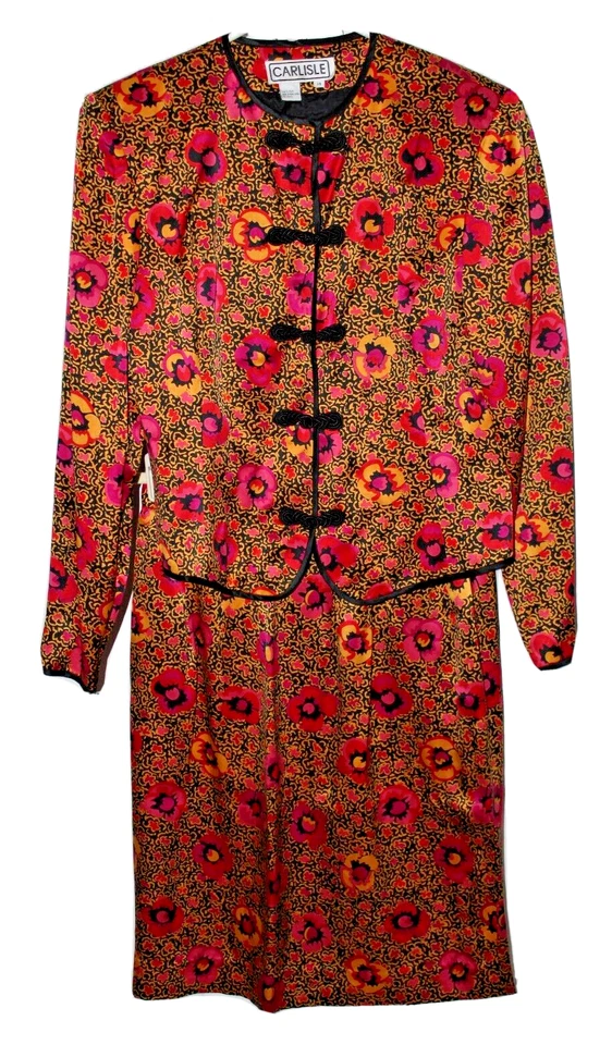 Conjunto Blazer Traje Falda Vintage Carlisle 100% Seda Floral Negro Dorado Rosa Talla 14 Foto 1 de 4