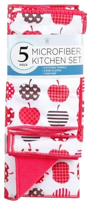 5 pc Set: 1 Microfiber Drying Mat, 2 Towels & 2 Dishcloths, COLORFUL APPLES, SL Foto 1 de 4