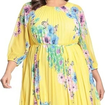 Vestido Maggy London Mujer Plisado Columpio 20W Amarillo Floral Forrado Brunch Pascua Foto 1 de 4