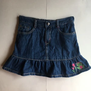 Gymboree Bright Tulip Skirt 8 Frog Blue Denim Jean Ruffle Pocket Pink Flower - Picture 1 of 4
