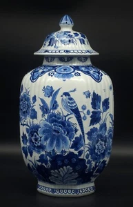 GREAT Porceleyne Fles/Royal Delft lidded Ginger Jar vase with Flowers+Bird 1974 - Picture 1 of 5