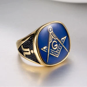 Blue Enamel Luxury Masonic Signet Ring Stainless Steel Men's Vintage Biker Ring - Picture 1 of 6