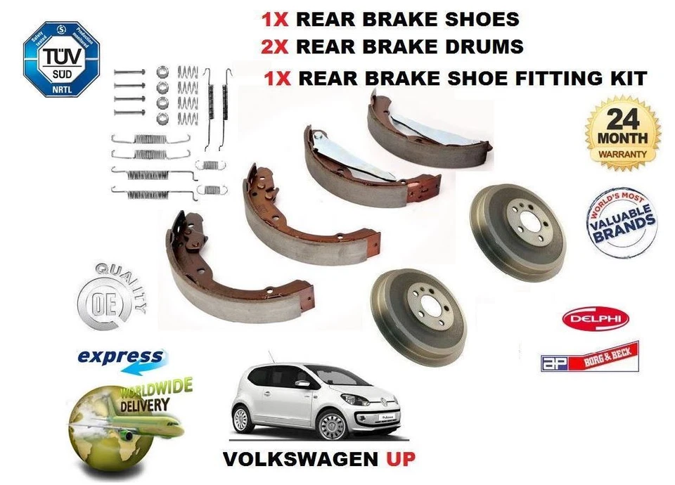 PARA VOLKSWAGEN VW UP 1.0 2012>NUEVO 2x TAMBORES DE FRENO TRASERO + JUEGO DE ZAPATOS + KIT DE MONTAJE Foto 1 de 1