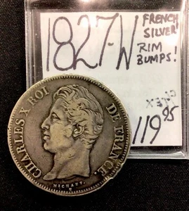 1827 W French Silver Rim Bumps! 5 Francs. ENN Coins - Picture 1 of 3