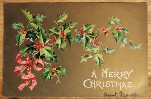 Postal en relieve A Merry Christmas 1907 Holly - Imagen 1 de 1