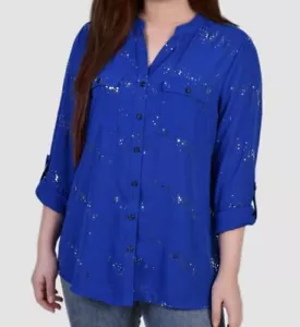 NY Collection Womens' Blue 3/4 Sleeve Roll Tab Blouse Petite Top Size PM - Picture 1 of 2