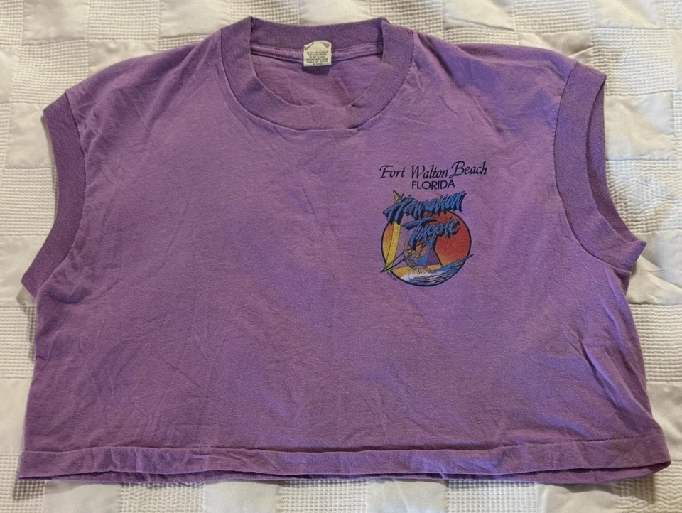 Top corto verdadero vintage años 80 Fort Walton Beach pantalla tropical hawaiano estrellas talla L Foto 1 de 4