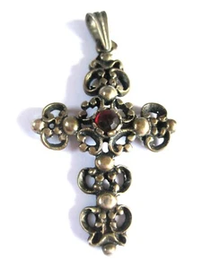 Antiker Anhänger Kreuz Silber 835 mit Granat, 6,8 g - Bild 1 von 3