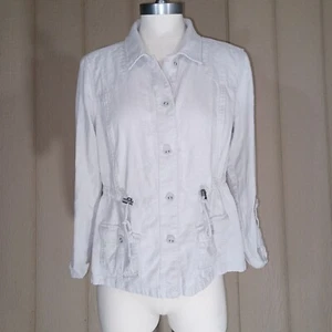 Relativity Jacket Womens Medium Gray Beige Roll Tab Sleeve Fitted Relaxed GUC - Picture 1 of 12