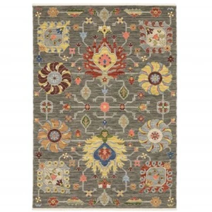 6' X 9' Grey Charcoal Yellow Blue Rust Red Pink Green And Ivory Oriental Power - Picture 1 of 1