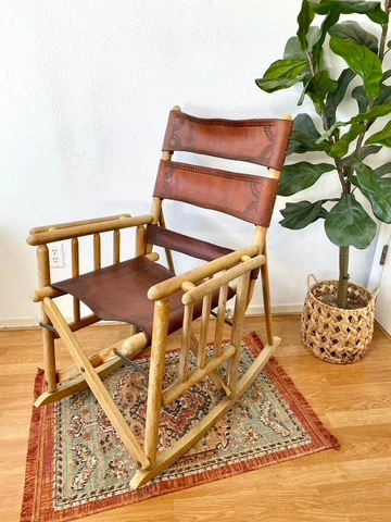 Vintage Tooled Leather Rocking Chair / Folding Chair Rustic Brown Leather & Wood Cover