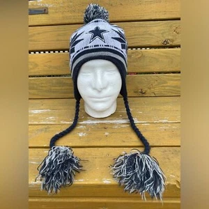 NFL New Era Dallas Cowboys Beenie Cap Navy Blue Knit Hat with Tassels & Pom Pom - Picture 1 of 5