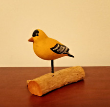 Vintage Wood Carved Goldfinch Bird on Driftwood Log
