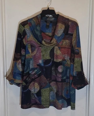 Ali Miles Size 1X Multicolor Abstract Art Geometric Cowl Neck Knit Sweater Foto 1 de 4
