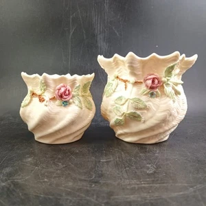 Belleek Irland 2 "Carlingford" Cachepot gekräuselte Pflanzvasen, 7. Marke OBO - Bild 1 von 9