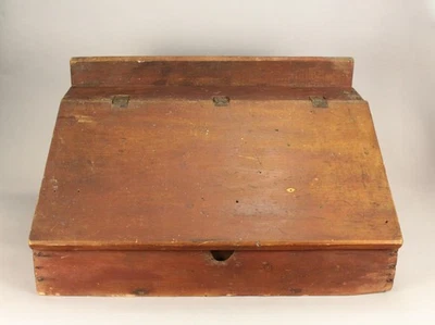 =  18th / 19th c. Pine Wood Bible Box Writing Desk Box Salmon Red Paint - Image 1 of 4
