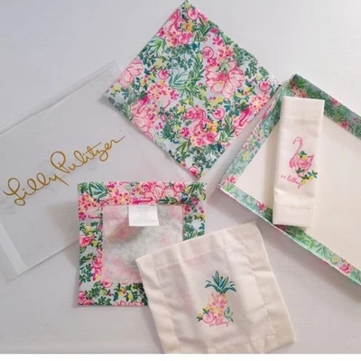 Набор коктейльных салфеток Lilly Pulitzer из 4 фруктовых фламинго с цветочным узором подарок 6 x 6 дюймов - Изображение 1 из 4