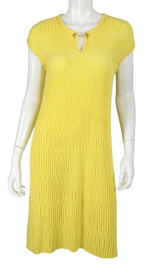 CHANEL 12C Lemon Yellow Pleated Cotton Knit CC Chain Keyhole Shift Dress 42 - Image 1 of 4
