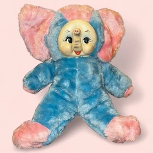 RAR Vintage 40er 50er Rushton Rubber Face Elefant Stofftier Plüsch Puppe BLAU ROSA - Bild 1 von 5