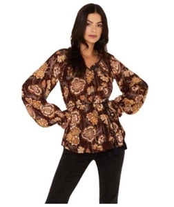 Shyanne Women’s Western Peasant Top Metallic Floral Brown Orange White XS - Picture 1 of 10