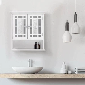 Teamson Home Windsor Wall Cabinet 24"x22"x7" w/Mosaic Glass in White w/ 2-Doors - Picture 1 of 8
